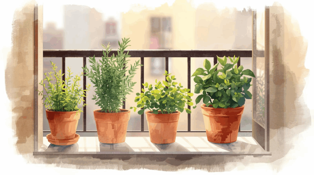 Watercolor illustration of a small balcony garden with terracotta pots growing herbs and leafy greens, representing healthy container gardening.